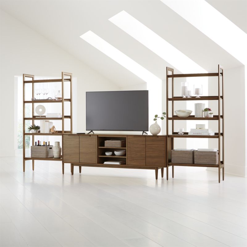 Tate Walnut 80" Storage Media Console with 2 Wide Bookcases