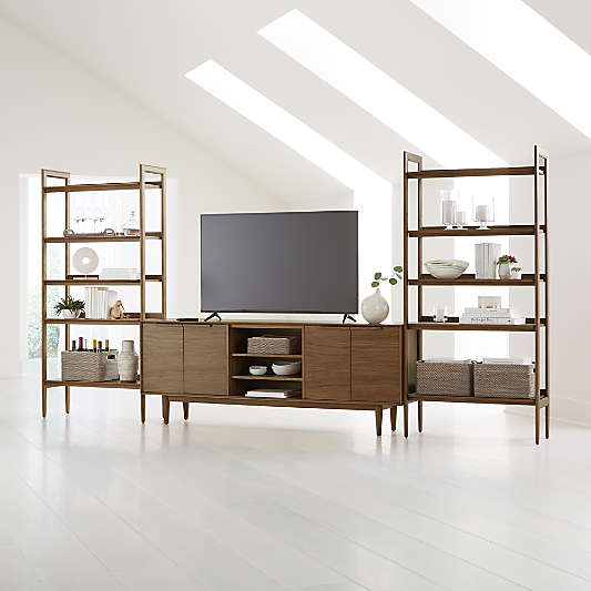 Tate Walnut 80" Storage Media Console with 2 Wide Bookcases