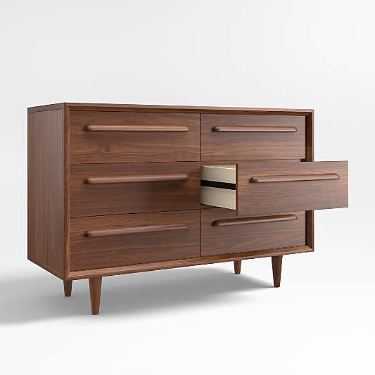 Tatum 52" Walnut Mid-Century Kids Wood 6-Drawer Wide Dresser
