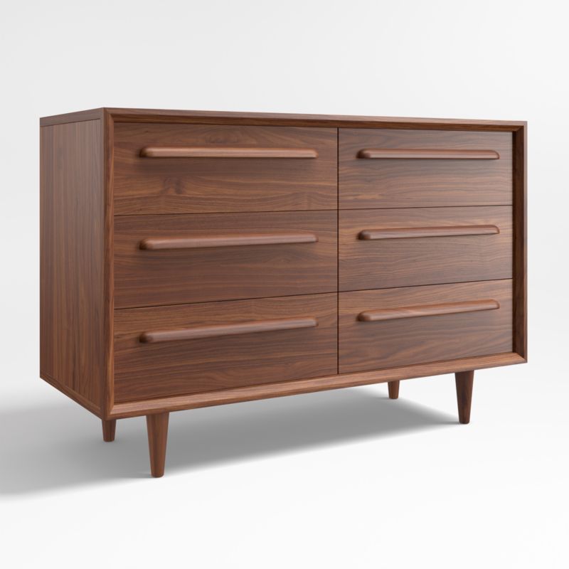 Tatum Walnut Mid-Century Kids Wood 6-Drawer Wide Dresser