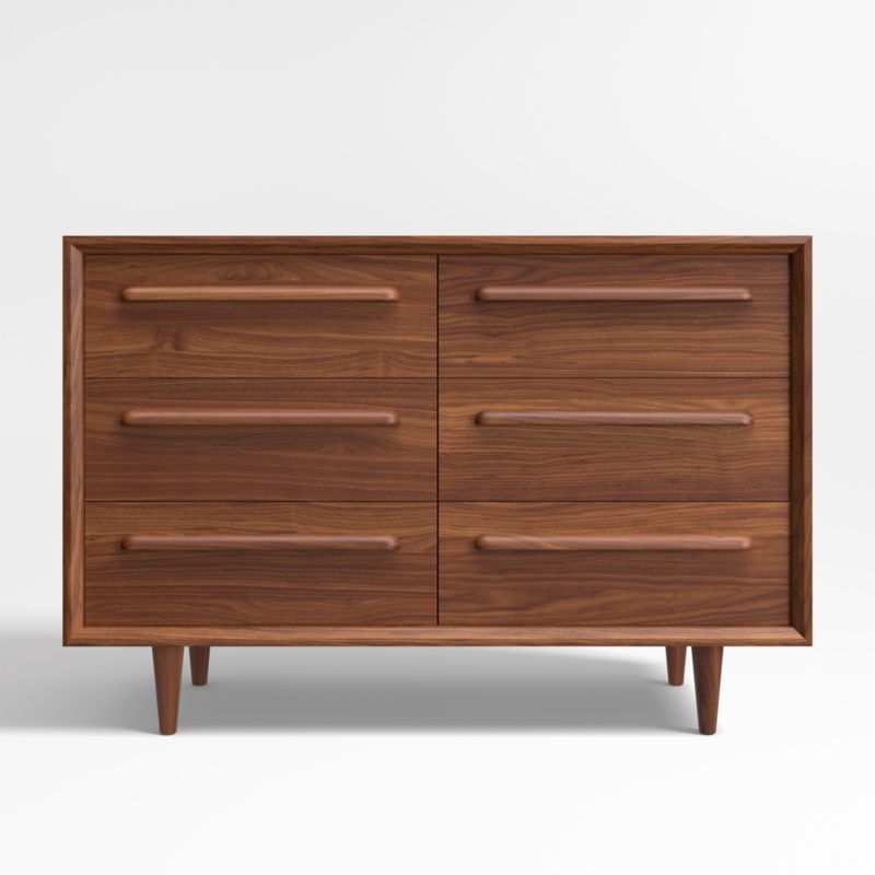 Tatum Walnut Mid-Century Kids Wood 6-Drawer Wide Dresser