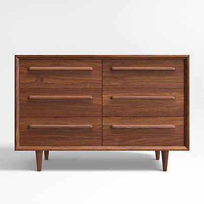 Tatum Walnut Mid-Century Kids Wood 6-Drawer Wide Dresser