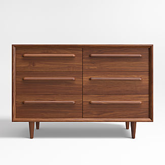 Tatum Walnut Mid-Century Kids Wood 6-Drawer Wide Dresser