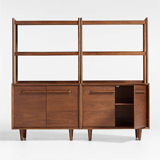 Tatum Set of 2 Modular Walnut Wood 2-Door Kids Storage Bookcases with Hutches