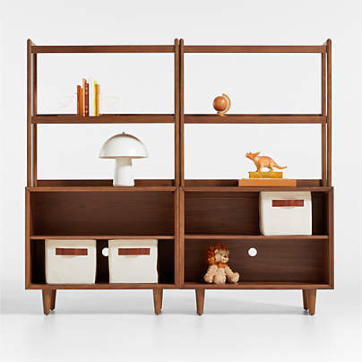 Tatum Set of 2 Modular Walnut Wood Kids Open Bookcases with Hutches