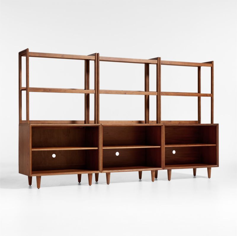 Tatum Set of Modular Walnut Wood Kids Open Bookcases with Hutches