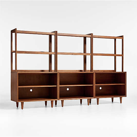 Tatum Set of 3 Modular Walnut Wood Kids Open Bookcases with Hutches