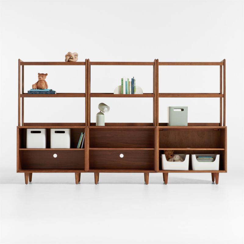 Tatum Set of Modular Walnut Wood Kids Open Bookcases with Hutches