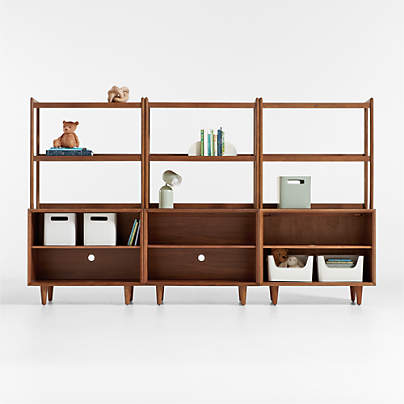 Tatum Set of 3 Modular Walnut Wood Kids Open Bookcases with Hutches