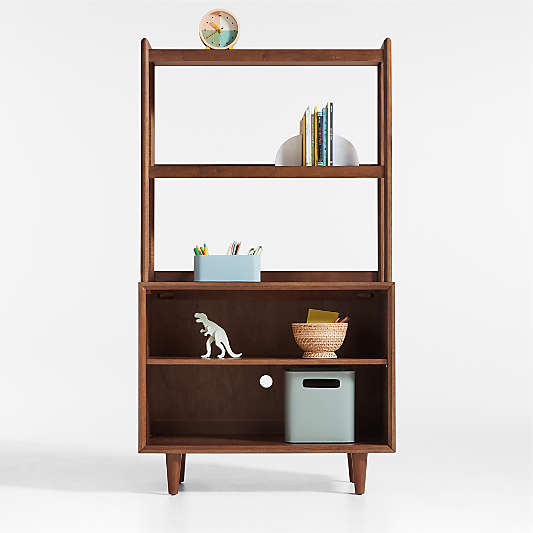 Tatum Walnut Wood 2-Shelf Kids Open Bookcase with Hutch