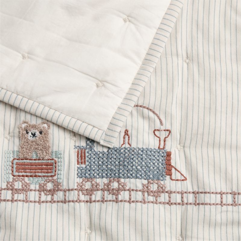 Teddy Train Embroidered Organic Cotton Baby Crib Quilt - image 4 of 5