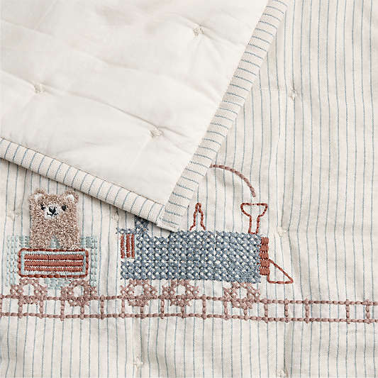 Teddy Train Embroidered Organic Cotton Baby Crib Quilt