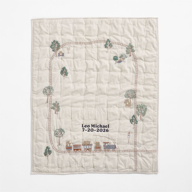 Teddy Train Embroidered Organic Cotton Baby Crib Quilt - image 1 of 5