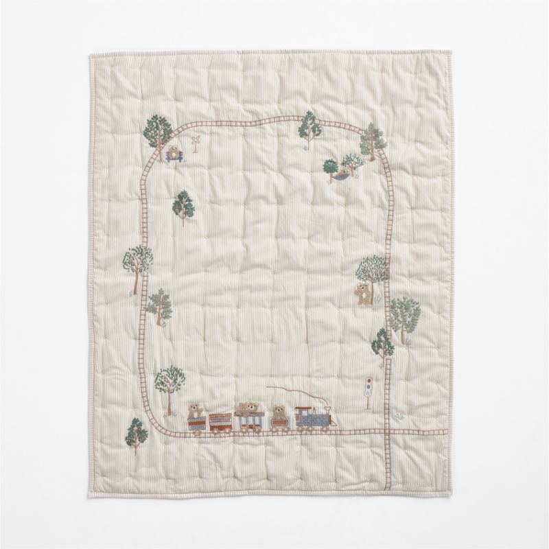 Teddy Train Embroidered Organic Cotton Baby Crib Quilt - image 2 of 5