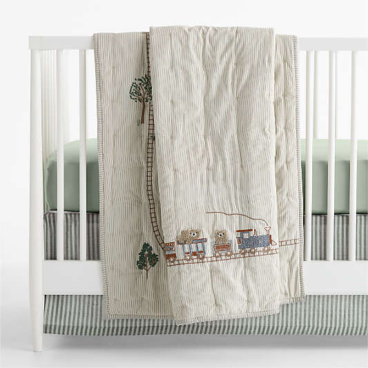 Teddy Train Embroidered 100% Organic Cotton Baby Crib Quilt