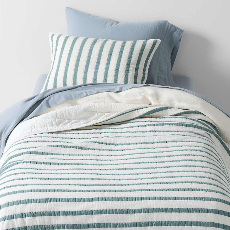 Teal Striped Waffle Weave Organic Cotton Kids Twin Quilt