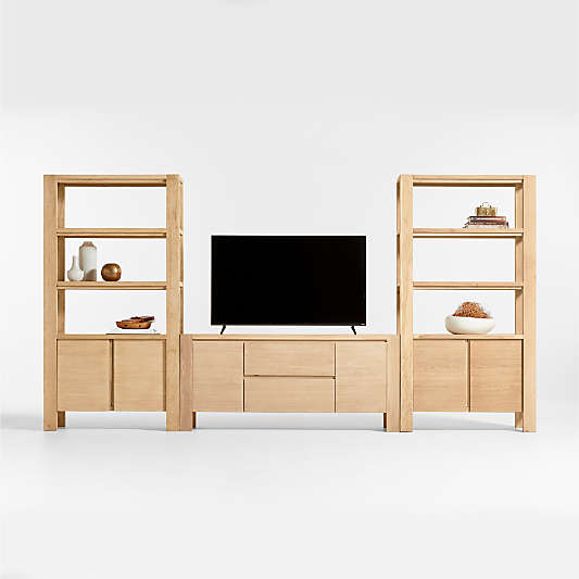 Terra 68" Natural Oak Wood Storage Media Console with 2 Bookcases