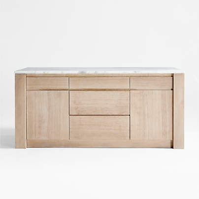 Terra 78" Marble Top and Natural Oak Wood Kitchen Island with Storage