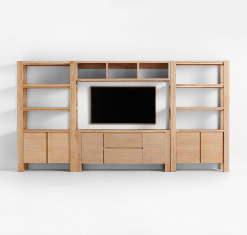 Terra Natural White Oak Wood Storage Media Console with 2 Bookcases