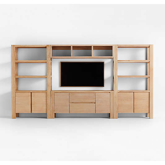 Terra Natural White Oak Wood Storage Media Console with 2 Bookcases