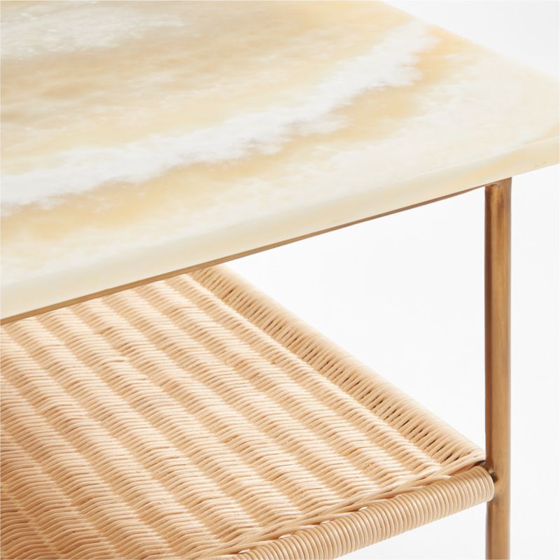 Terranea Onyx Marble and Brass Metal 54" Rectangular Coffee Table with Wicker Shelf