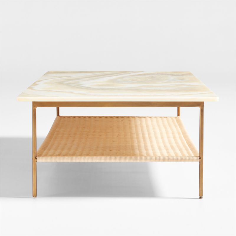 Terranea Onyx Marble and Brass Metal 54" Rectangular Coffee Table with Wicker Shelf