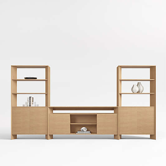 Terrazza 148" Natural Solid Oak Wood Closed Storage Media Console Set