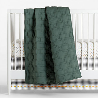 View Pine Green Geometric Stitch Embroidered Cotton Baby Crib Quilt details