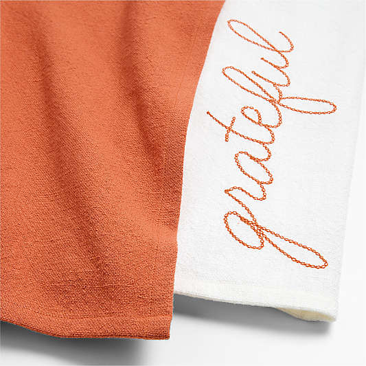 "Thankful" & "Grateful" Embroidered Organic Cotton Kitchen Towels, Set of 2