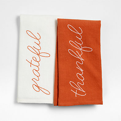 View "Thankful" & "Grateful" Embroidered Organic Cotton Kitchen Towels, Set of 2 details