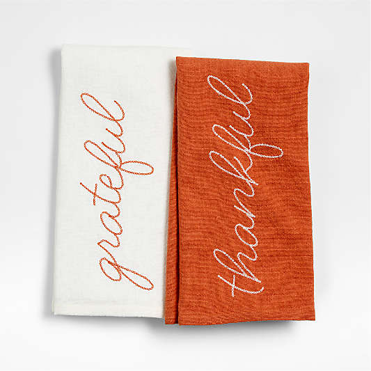 "Thankful" & "Grateful" Embroidered Organic Cotton Kitchen Towels, Set of 2