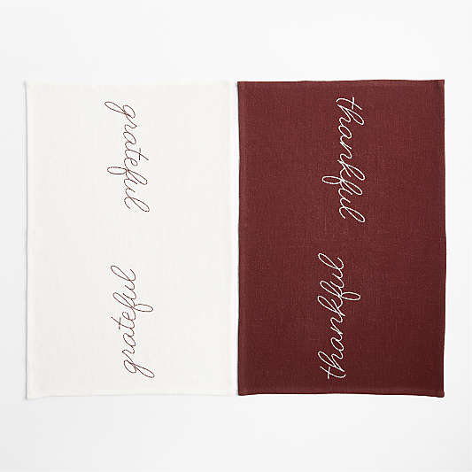 Thankful & Grateful Embroidered Organic Cotton Dish Towels, Set of 2