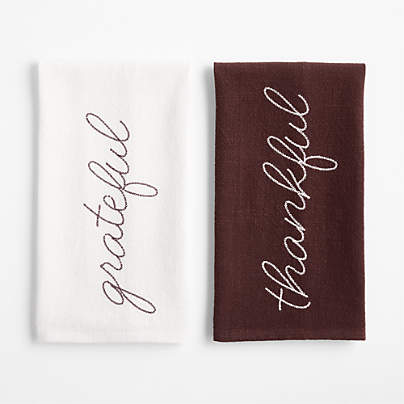 Thankful & Grateful Embroidered Organic Cotton Dish Towels, Set of 2