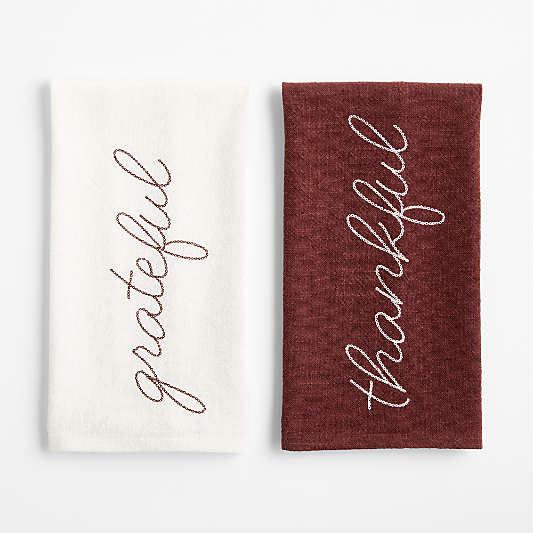 Thankful & Grateful Embroidered Organic Cotton Dish Towels, Set of 2