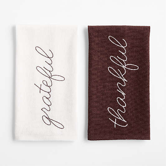 Thankful & Grateful Embroidered Organic Cotton Dish Towels, Set of 2