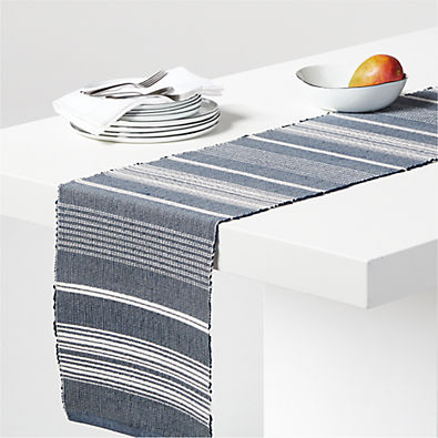View Tidal Blue and White Striped Woven Table Runner 90" details