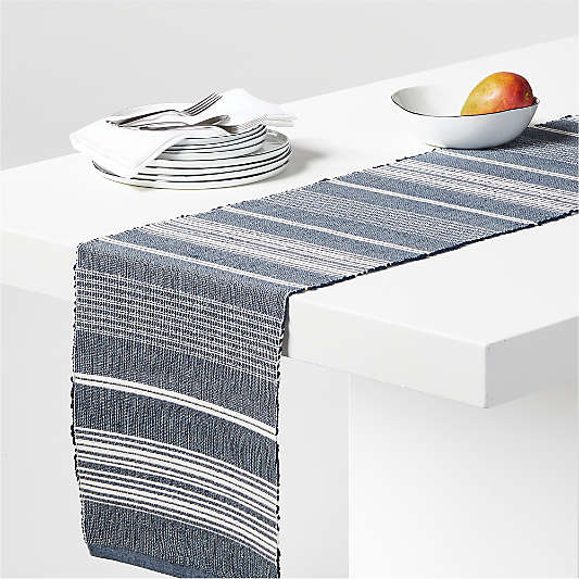 Tidal Blue and White Striped Woven Table Runner 90"