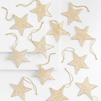 Gold Tinsel Star Christmas Tree Ornaments, Set of 12