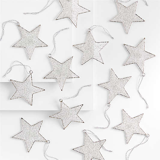 Silver Tinsel Star Christmas Tree Ornaments, Set of 12