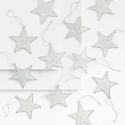 Silver Tinsel Star Christmas Tree Ornaments, Set of 12