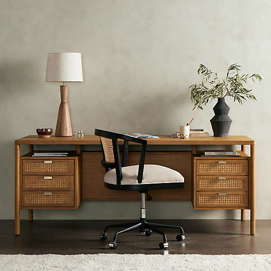 Tisdell Cane and Khaki Oak Wood Desk with Drawers