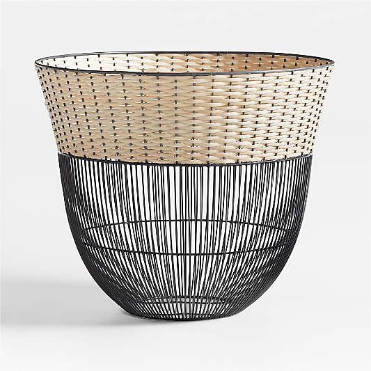 Toma Black and Off White Metal and Rattan Decorative Basket