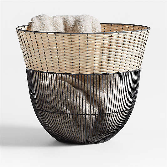 Toma Black and Off White Metal and Rattan Decorative Basket