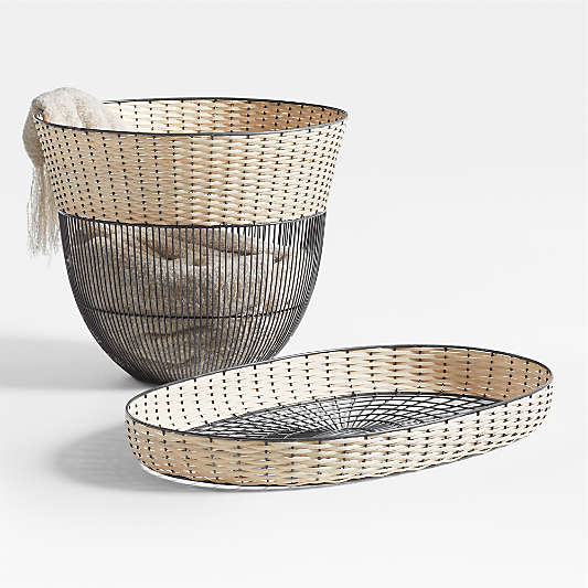 Toma Black and Off White Metal and Rattan Decorative Basket