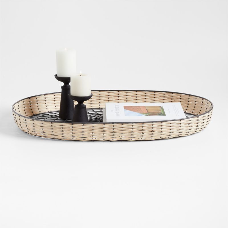 Toma Oval Black and Off White Rattan and Metal Decorative Tray 30" - image 0 of 5