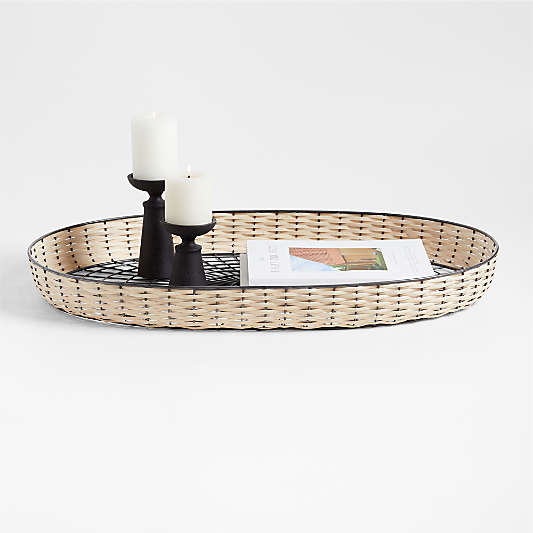 Toma Oval Black and Off White Rattan and Metal Decorative Tray 30"