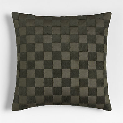 View Tonal Checkerboard Organic Cotton Linen Blend 23"x23" Burnt Green Throw Pillow with Down-Alternative Insert details
