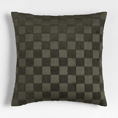 Tonal Checkerboard Organic Cotton Linen Blend 23"x23" Burnt Green Throw Pillow with Feather Insert