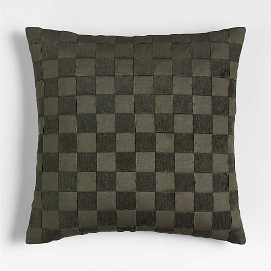Tonal Checkerboard Organic Cotton Linen Blend 23"x23" Burnt Green Throw Pillow with Down-Alternative Insert
