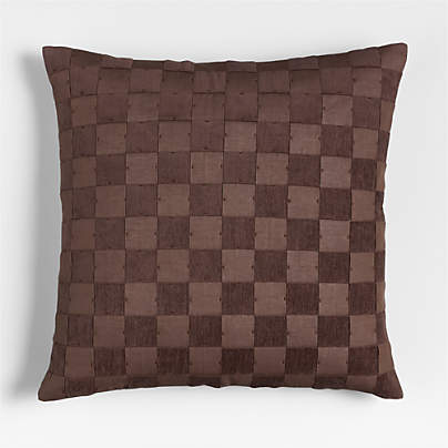 Tonal Checkerboard Organic Cotton Linen Blend 23"x23" Deep Brown Throw Pillow with Feather Insert